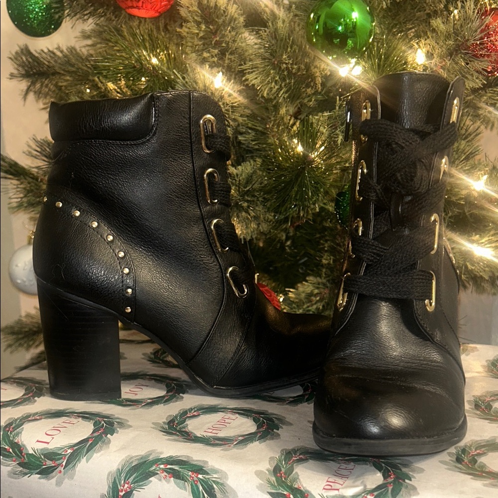 Black Ankle Boots with Gold Accents